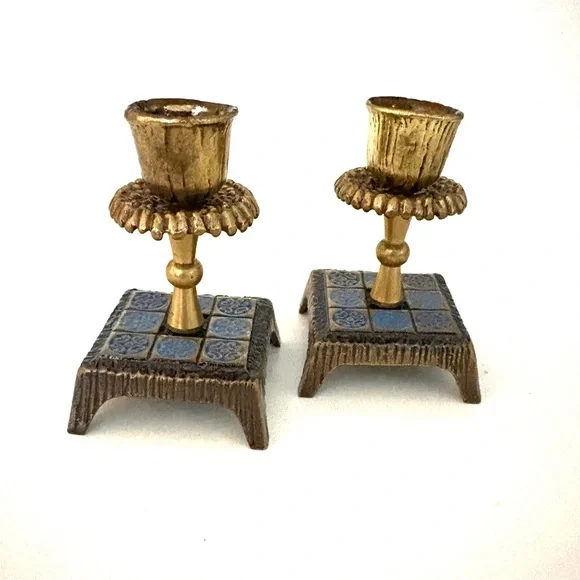 JUDAICA Vintage Candlestick Holders Brass with Blue Enamel - Picture 2 of 4